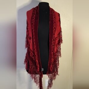Red Velvet Burnout Fringe Shawl